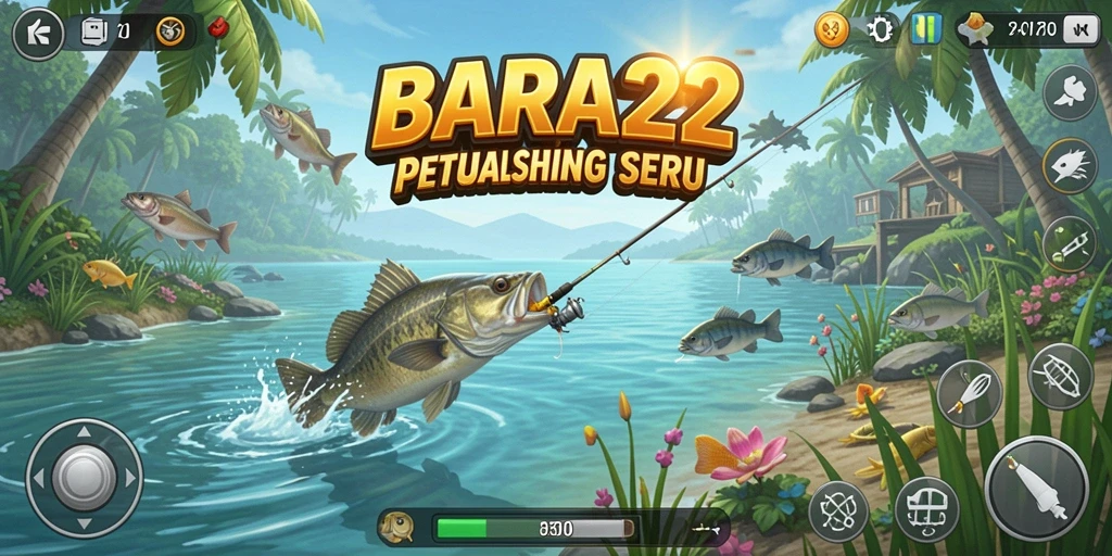 Screenshot BARA22 menampilkan pemain yang menangkap ikan di lokasi indah.