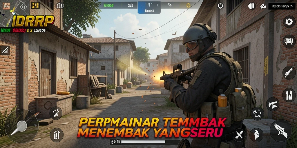 Tampilan gameplay IDRRP dengan aksi tembak menembak yang mendebarkan.