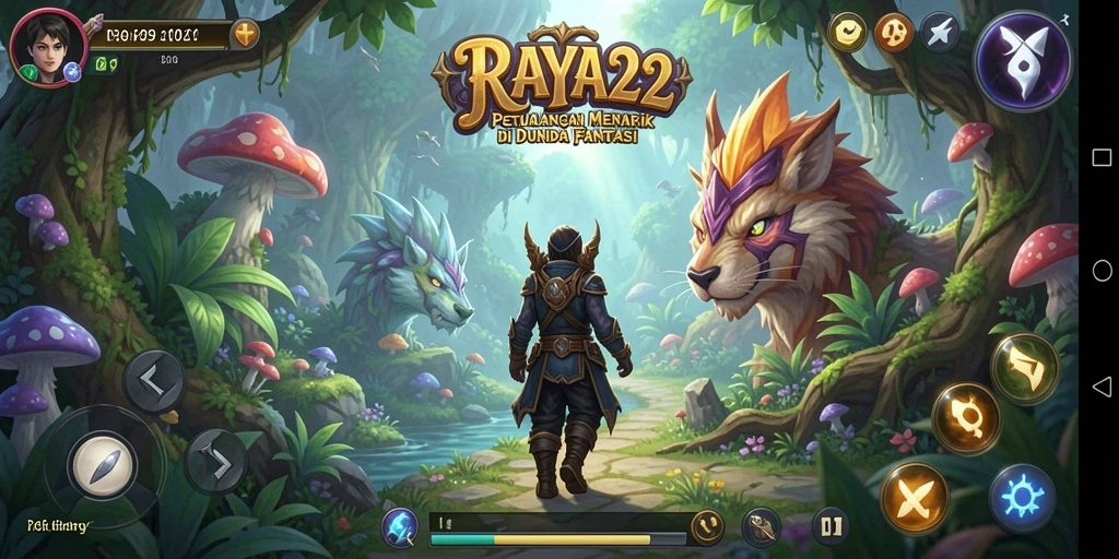 Screenshot utama gameplay RAYA22 yang menampilkan eksplorasi petualangan.