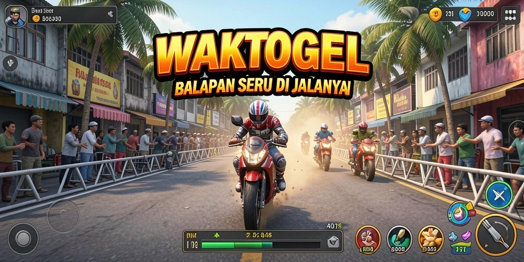 Screenshot gameplay WAKTOGEL yang seru dengan mobil balap di trek.